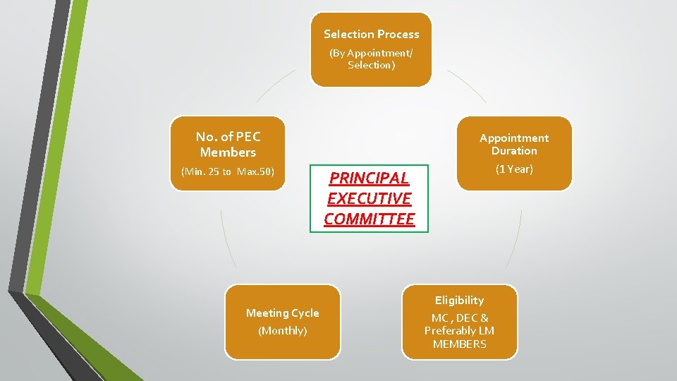 Selection Process (By Appointment/ Selection) No. of PEC Members (Min. 25 to Max. 50)