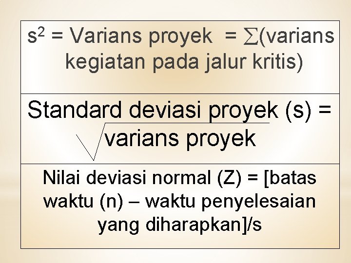 2 s = Varians proyek = (varians kegiatan pada jalur kritis) Standard deviasi proyek