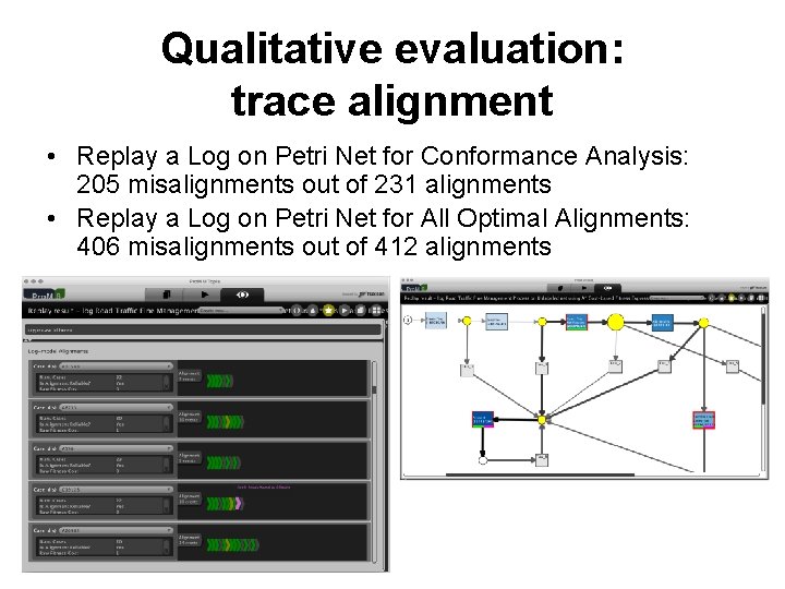 Qualitative evaluation: trace alignment • Replay a Log on Petri Net for Conformance Analysis: