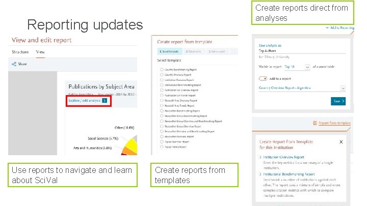 Create reports direct from analyses Reporting updates Use reports to navigate and learn about