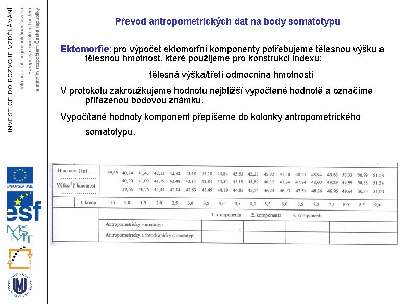 Převod antropometrických dat na body somatotypu Ektomorfie: pro výpočet ektomorfní komponenty potřebujeme tělesnou výšku