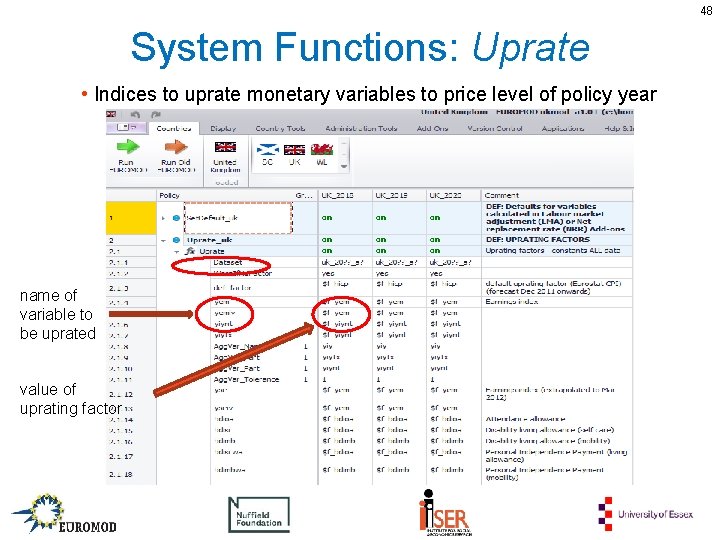 48 System Functions: Uprate • Indices to uprate monetary variables to price level of
