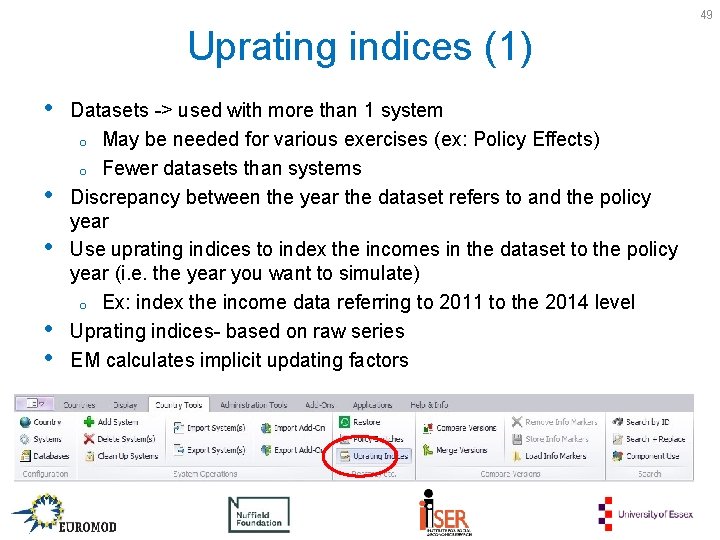 49 Uprating indices (1) • • • Datasets -> used with more than 1