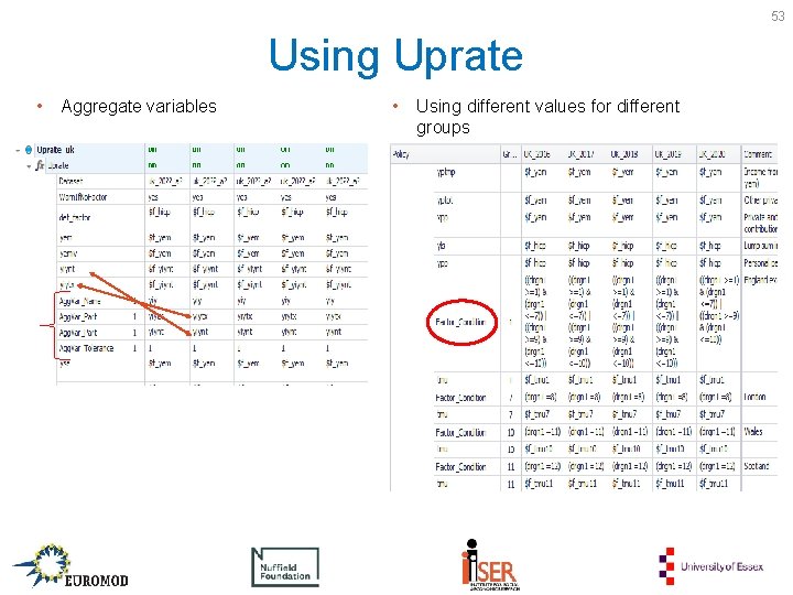 53 Using Uprate • Aggregate variables • Using different values for different groups 