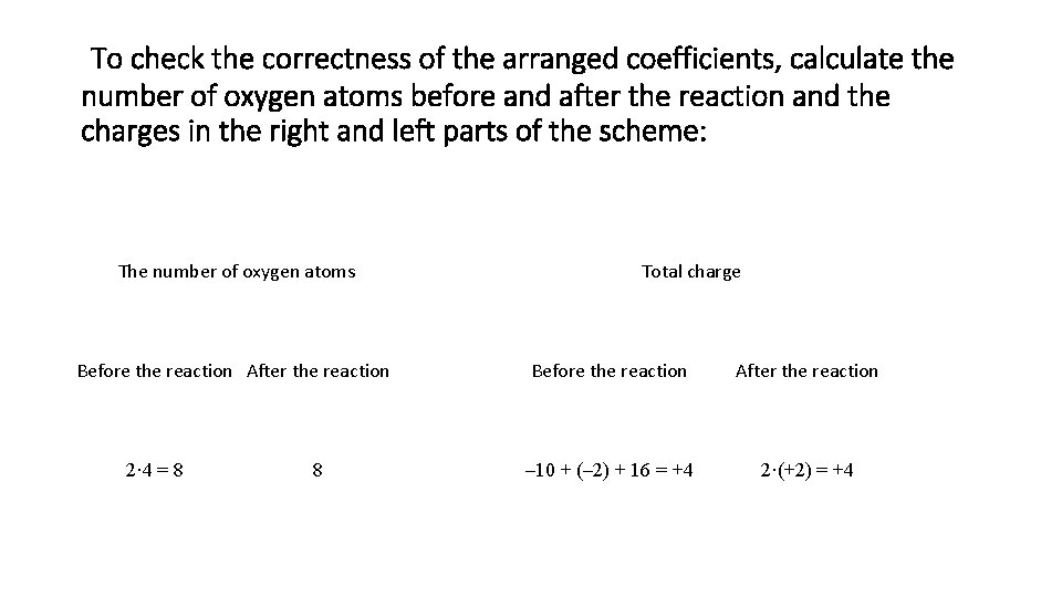 To check the correctness of the arranged coefficients, calculate the number of oxygen atoms To check the correctness of the arranged coefficients, calculate the number of oxygen atoms