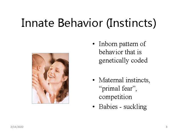 Innate Behavior (Instincts) • Inborn pattern of behavior that is genetically coded • Maternal