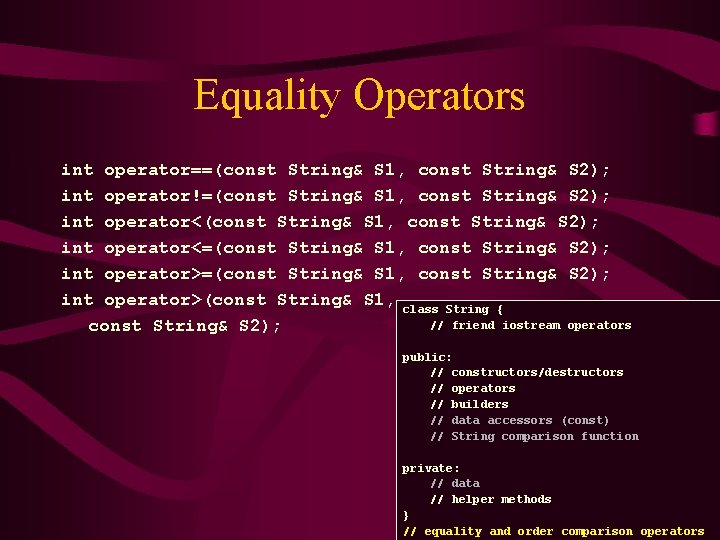 Equality Operators int operator==(const String& S 1, const String& S 2); int operator!=(const String&
