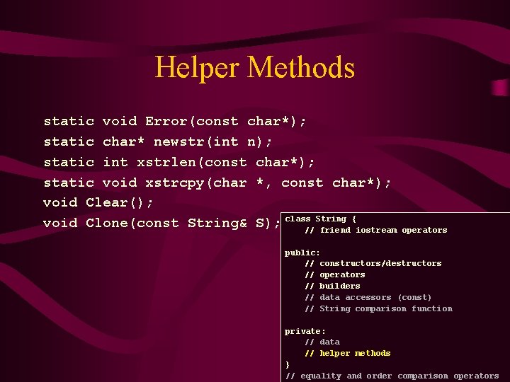 Helper Methods static void Error(const char*); static char* newstr(int n); static int xstrlen(const char*);