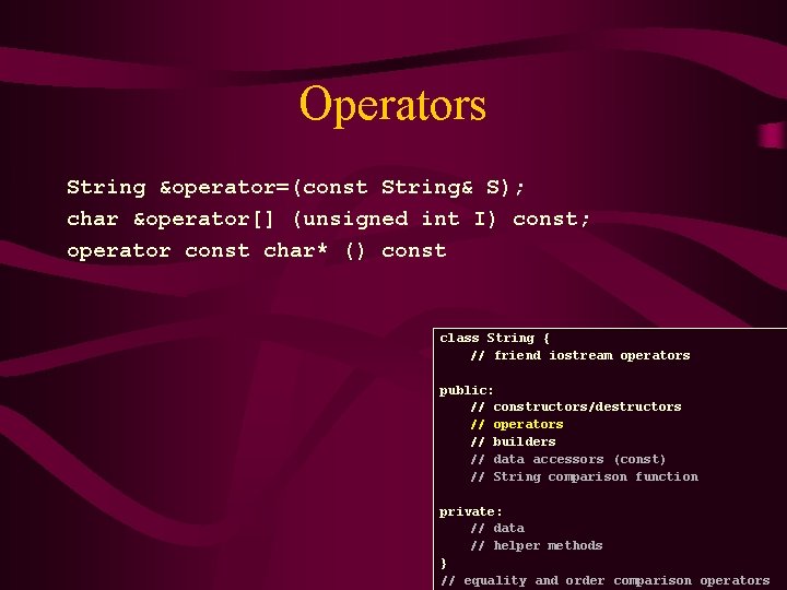 Operators String &operator=(const String& S); char &operator[] (unsigned int I) const; operator const char*