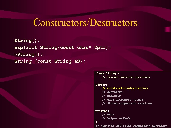 Constructors/Destructors String(); explicit String(const char* Cptr); ~String(); String (const String &S); class String {