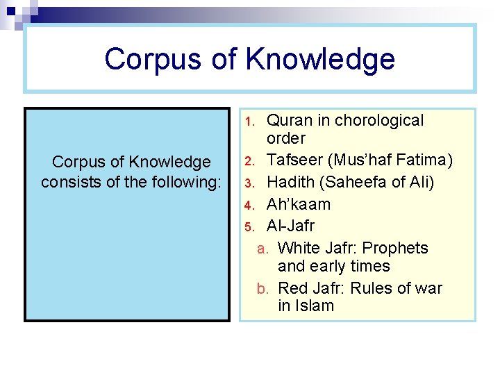 Corpus of Knowledge Quran in chorological order 2. Tafseer (Mus’haf Fatima) 3. Hadith (Saheefa