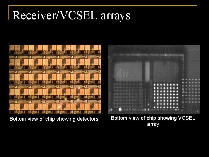 Receiver/VCSEL arrays Bottom view of chip showing detectors Bottom view of chip showing VCSEL