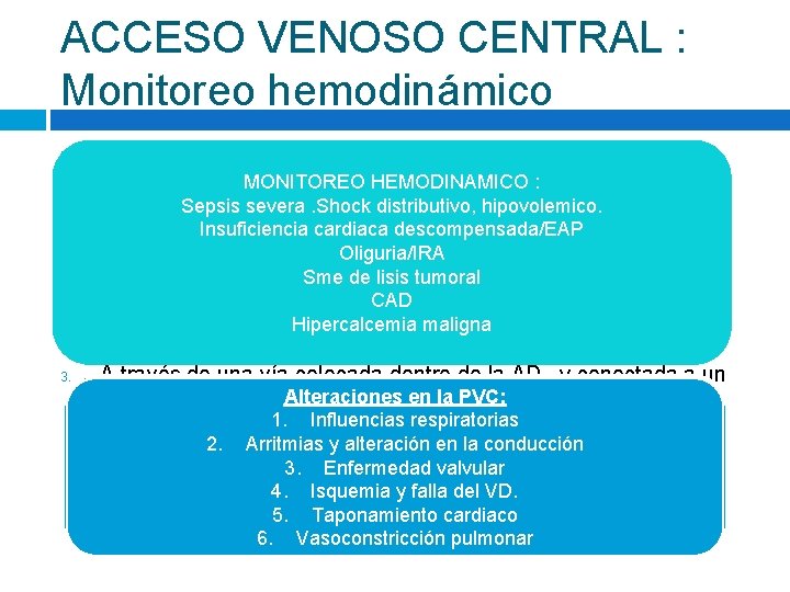 ACCESO VENOSO CENTRAL : Monitoreo hemodinámico 1. 2. 3. PRESION VENOSA CENTRAL (PVC) :