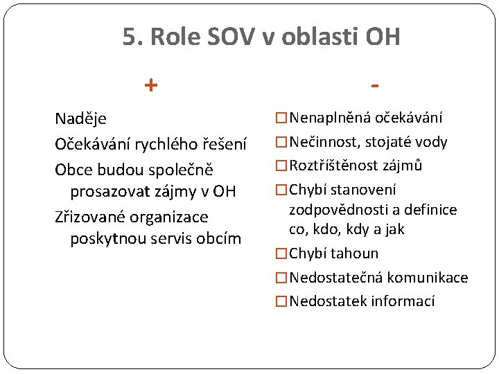 5. Role SOV v oblasti OH + Naděje Očekávání rychlého řešení Obce budou společně