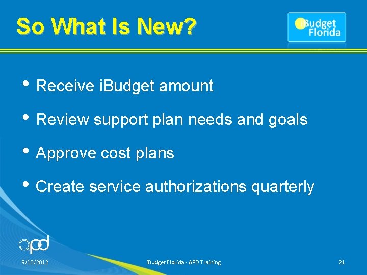 So What Is New? • Receive i. Budget amount • Review support plan needs