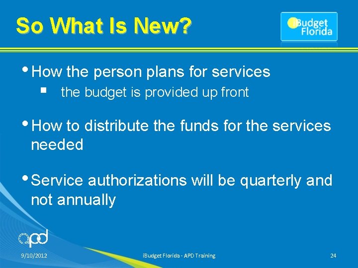 So What Is New? • How the person plans for services § the budget