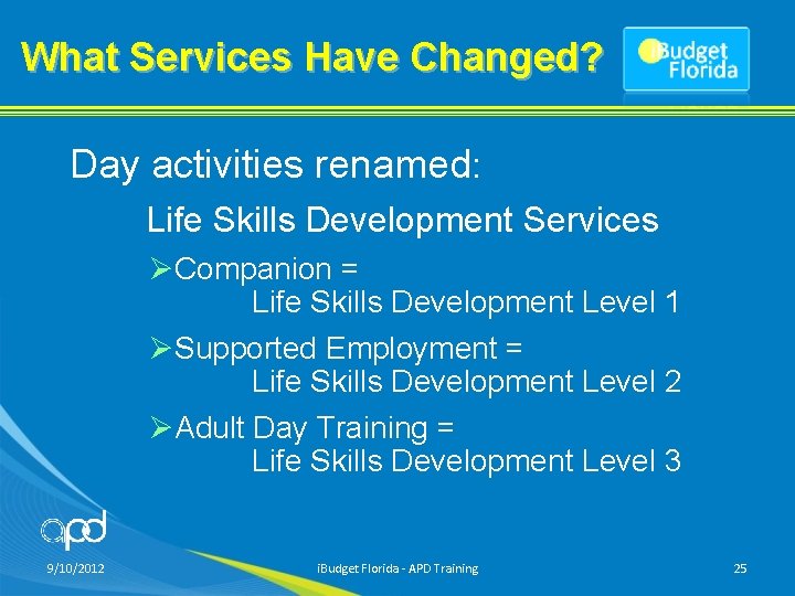What Services Have Changed? Day activities renamed: Life Skills Development Services ØCompanion = Life