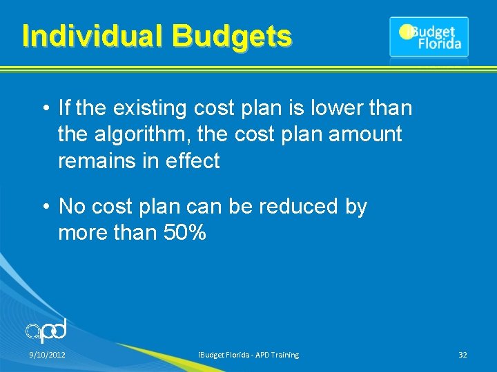 Individual Budgets • If the existing cost plan is lower than the algorithm, the