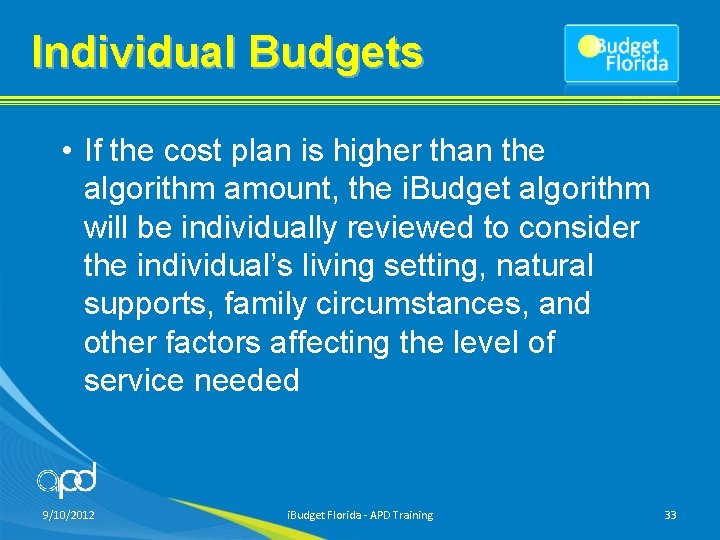 Individual Budgets • If the cost plan is higher than the algorithm amount, the