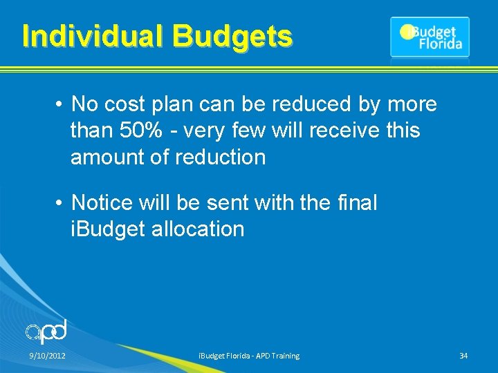 Individual Budgets • No cost plan can be reduced by more than 50% -