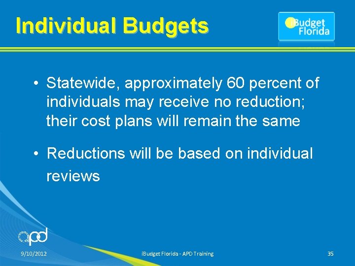 Individual Budgets • Statewide, approximately 60 percent of individuals may receive no reduction; their