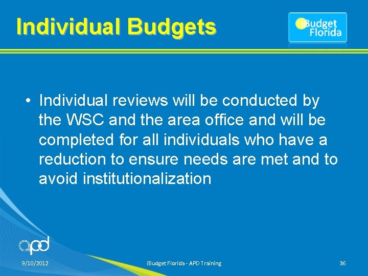 Individual Budgets • Individual reviews will be conducted by the WSC and the area