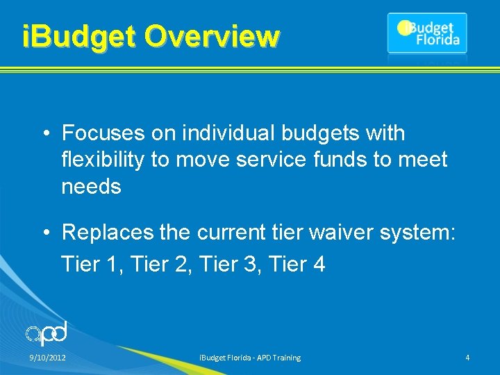 i. Budget Overview • Focuses on individual budgets with flexibility to move service funds