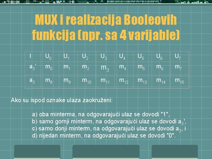 MUX i realizacija Booleovih funkcija (npr. sa 4 varijable) I U 0 U 1