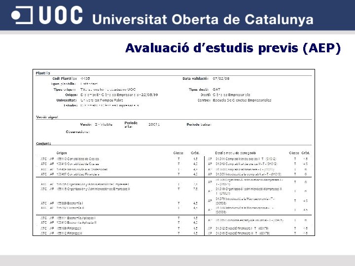 Avaluació d’estudis previs (AEP) 