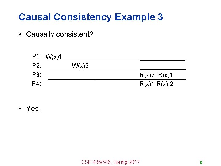 Causal Consistency Example 3 • Causally consistent? P 1: W(x)1 P 2: P 3: