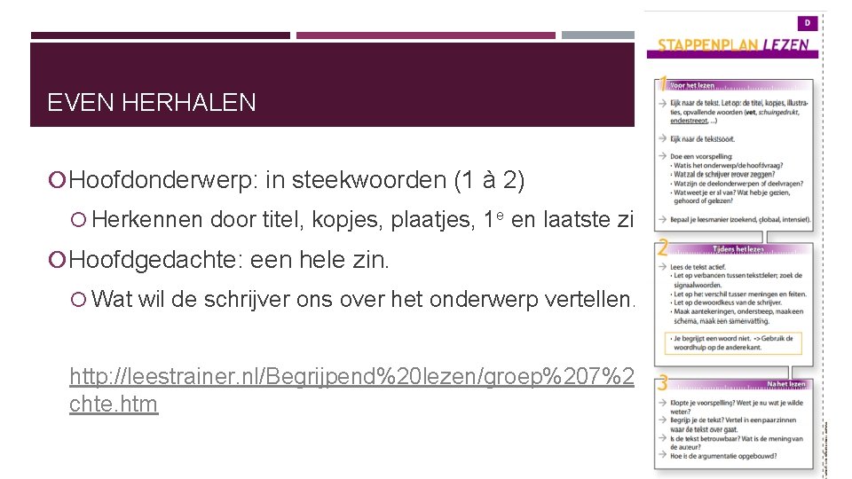 EVEN HERHALEN Hoofdonderwerp: in steekwoorden (1 à 2) Herkennen door titel, kopjes, plaatjes, 1 EVEN HERHALEN Hoofdonderwerp: in steekwoorden (1 à 2) Herkennen door titel, kopjes, plaatjes, 1