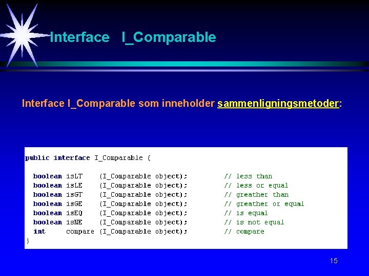Interface I_Comparable som inneholder sammenligningsmetoder: 15 