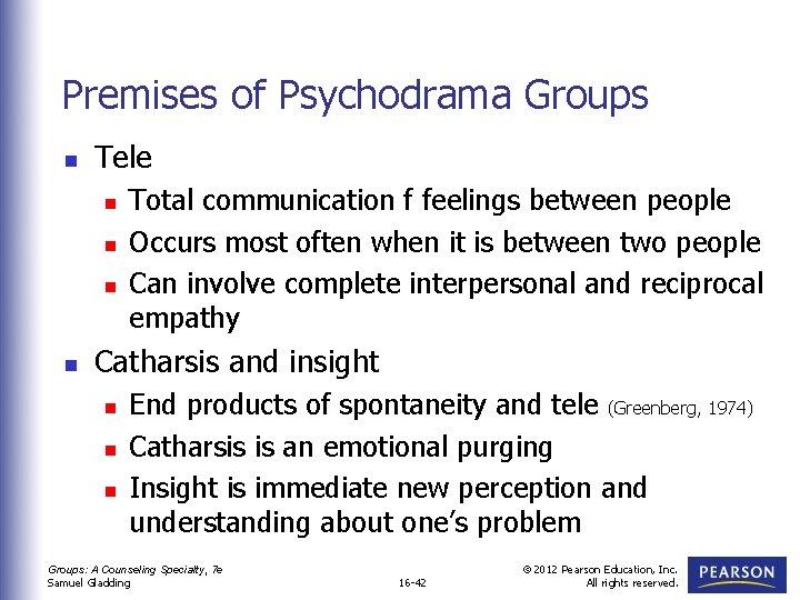 Premises of Psychodrama Groups n Tele n n Total communication f feelings between people