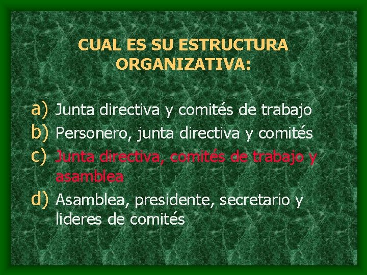 CUAL ES SU ESTRUCTURA ORGANIZATIVA: a) Junta directiva y comités de trabajo b) Personero,