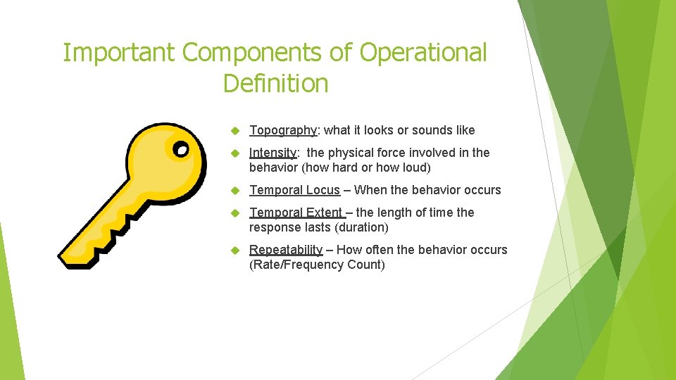 Important Components of Operational Definition Topography: what it looks or sounds like Intensity: the
