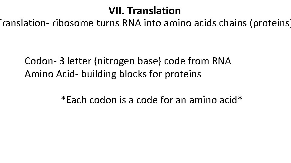 VII. Translation- ribosome turns RNA into amino acids chains (proteins) Codon- 3 letter (nitrogen VII. Translation- ribosome turns RNA into amino acids chains (proteins) Codon- 3 letter (nitrogen