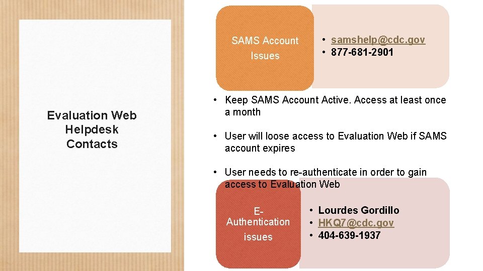 SAMS Account Issues Evaluation Web Helpdesk Contacts • samshelp@cdc. gov • 877 -681 -2901