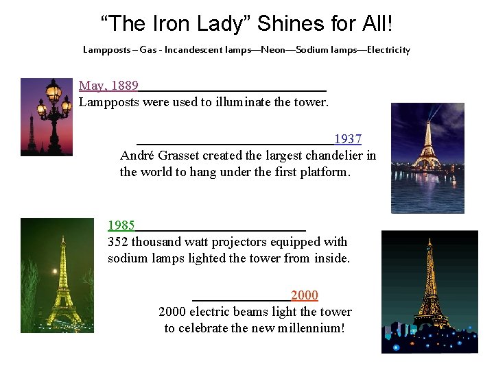 “The Iron Lady” Shines for All! Lampposts – Gas - Incandescent lamps—Neon—Sodium lamps—Electricity May,