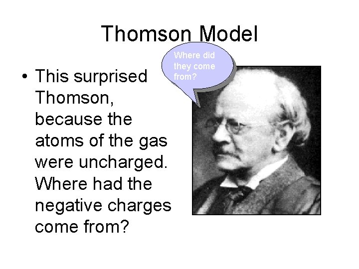 Thomson Model • This surprised Thomson, because the atoms of the gas were uncharged.