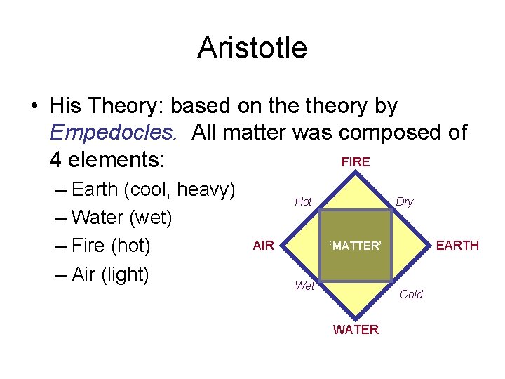 Aristotle • His Theory: based on theory by Empedocles. All matter was composed of