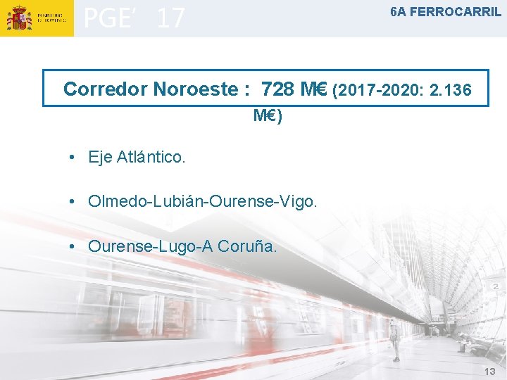 PGE’ 17 6 A FERROCARRIL Corredor Noroeste : 728 M€ (2017 -2020: 2. 136