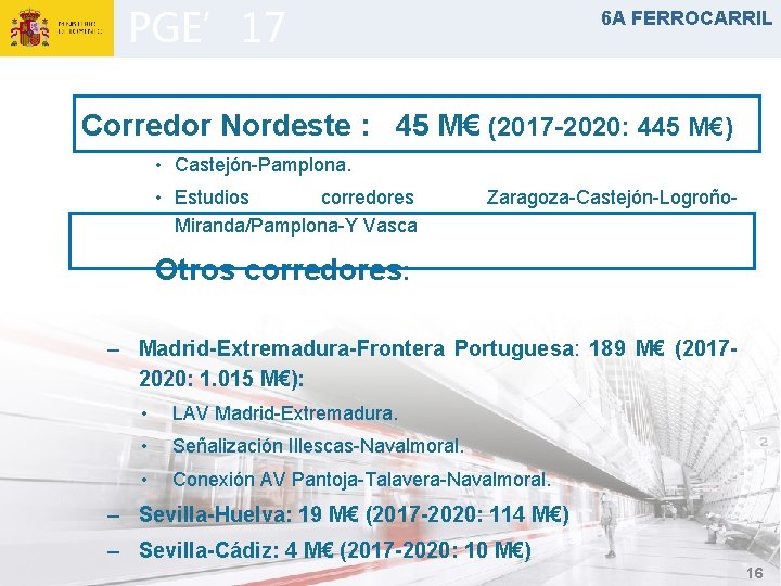 PGE’ 17 6 A FERROCARRIL Corredor Nordeste : 45 M€ (2017 -2020: 445 M€)