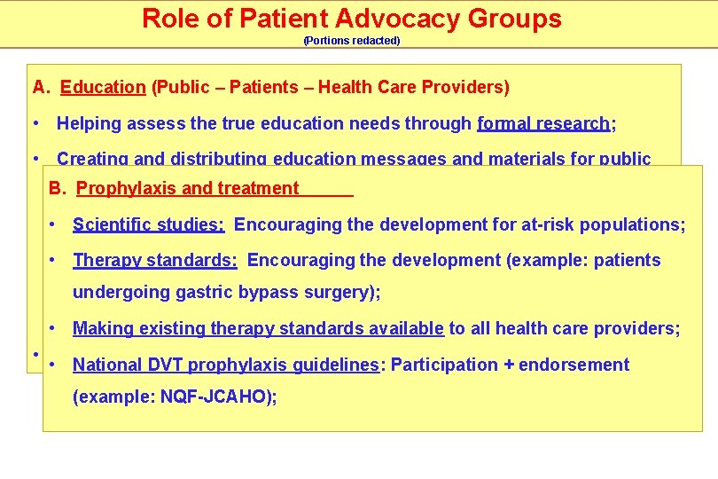 Role of Patient Advocacy Groups (Portions redacted) A. Education (Public – Patients – Health