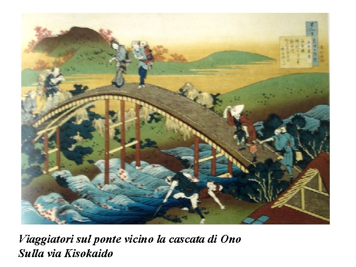 Viaggiatori sul ponte vicino la cascata di Ono Sulla via Kisokaido 