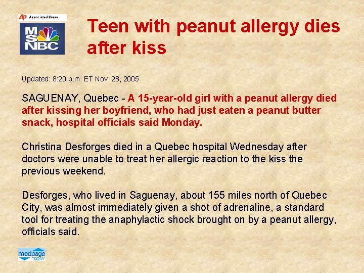 Teen with peanut allergy dies after kiss Updated: 8: 20 p. m. ET Nov.