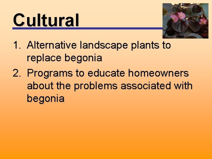 Cultural 1. Alternative landscape plants to replace begonia 2. Programs to educate homeowners about