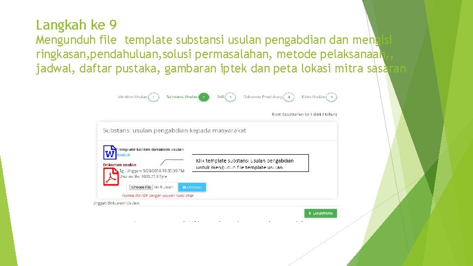 Langkah ke 9 Mengunduh file template substansi usulan pengabdian dan mengisi ringkasan, pendahuluan, solusi