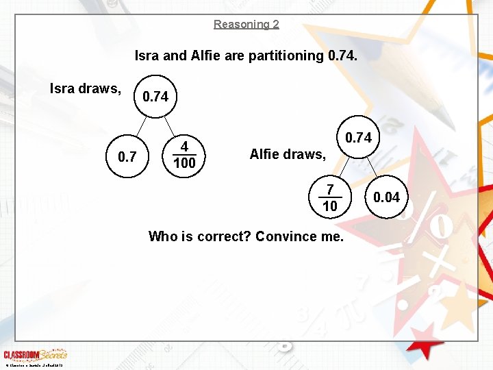 Reasoning 2 Isra and Alfie are partitioning 0. 74. Isra draws, 0. 74 4
