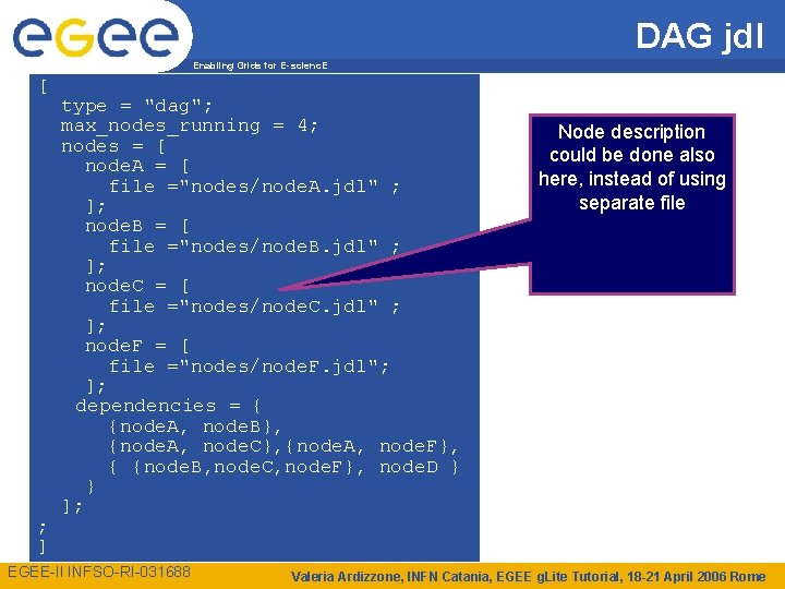 DAG jdl Enabling Grids for E-scienc. E [ ; ] type = "dag"; max_nodes_running