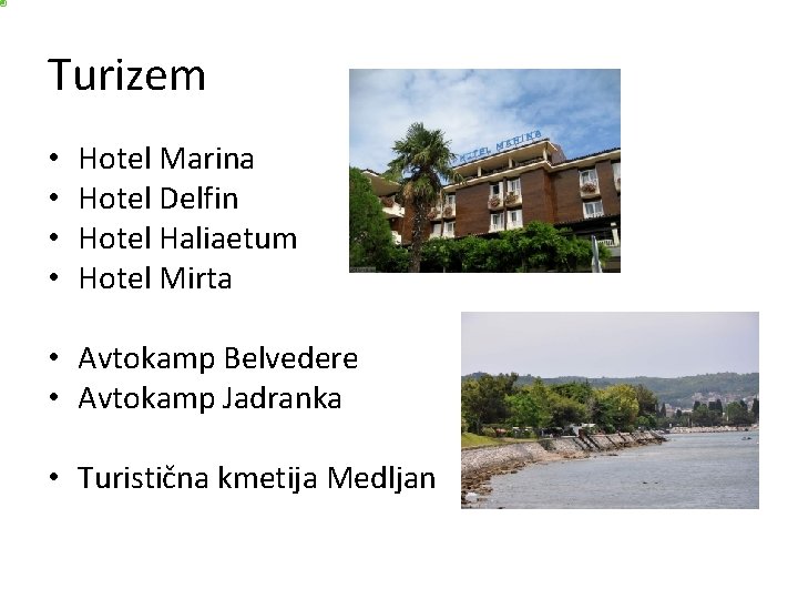 Turizem • • Hotel Marina Hotel Delfin Hotel Haliaetum Hotel Mirta • Avtokamp Belvedere